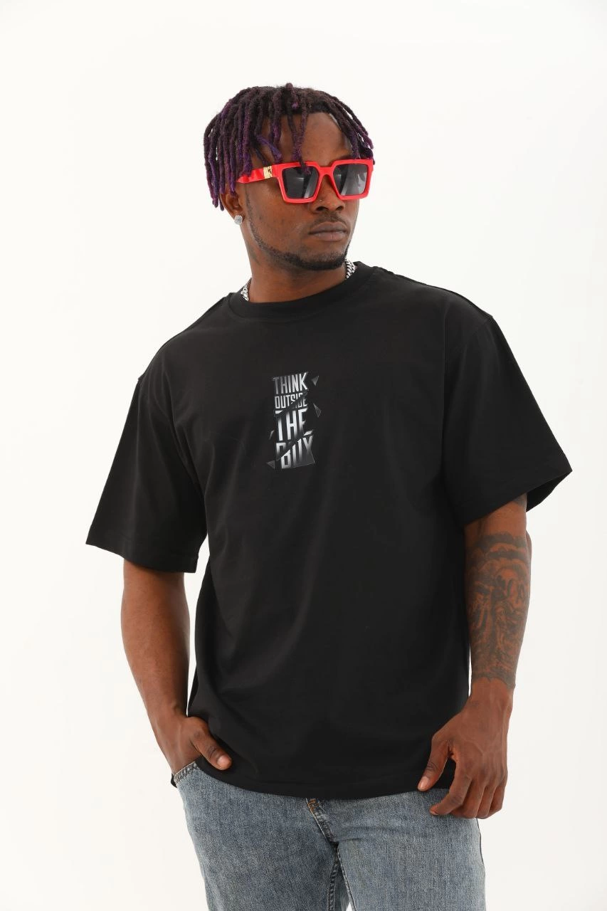 Erkek Kısa kol Baskılı Bisiklet Yaka T-Shirt - Siyah