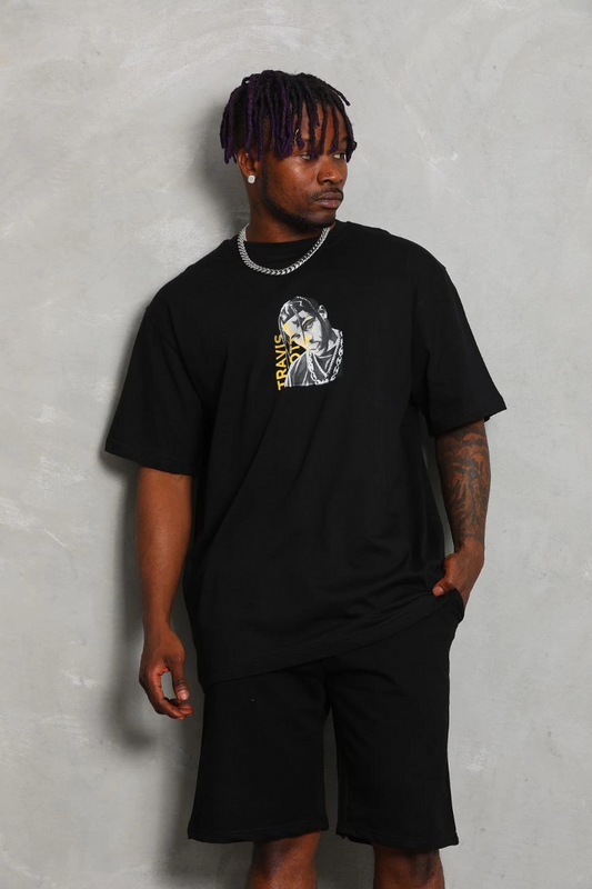 Erkek Baskılı Tişort Kısa Kol Bisiklet Yaka Ovarsize T-Shirt -  Siyah