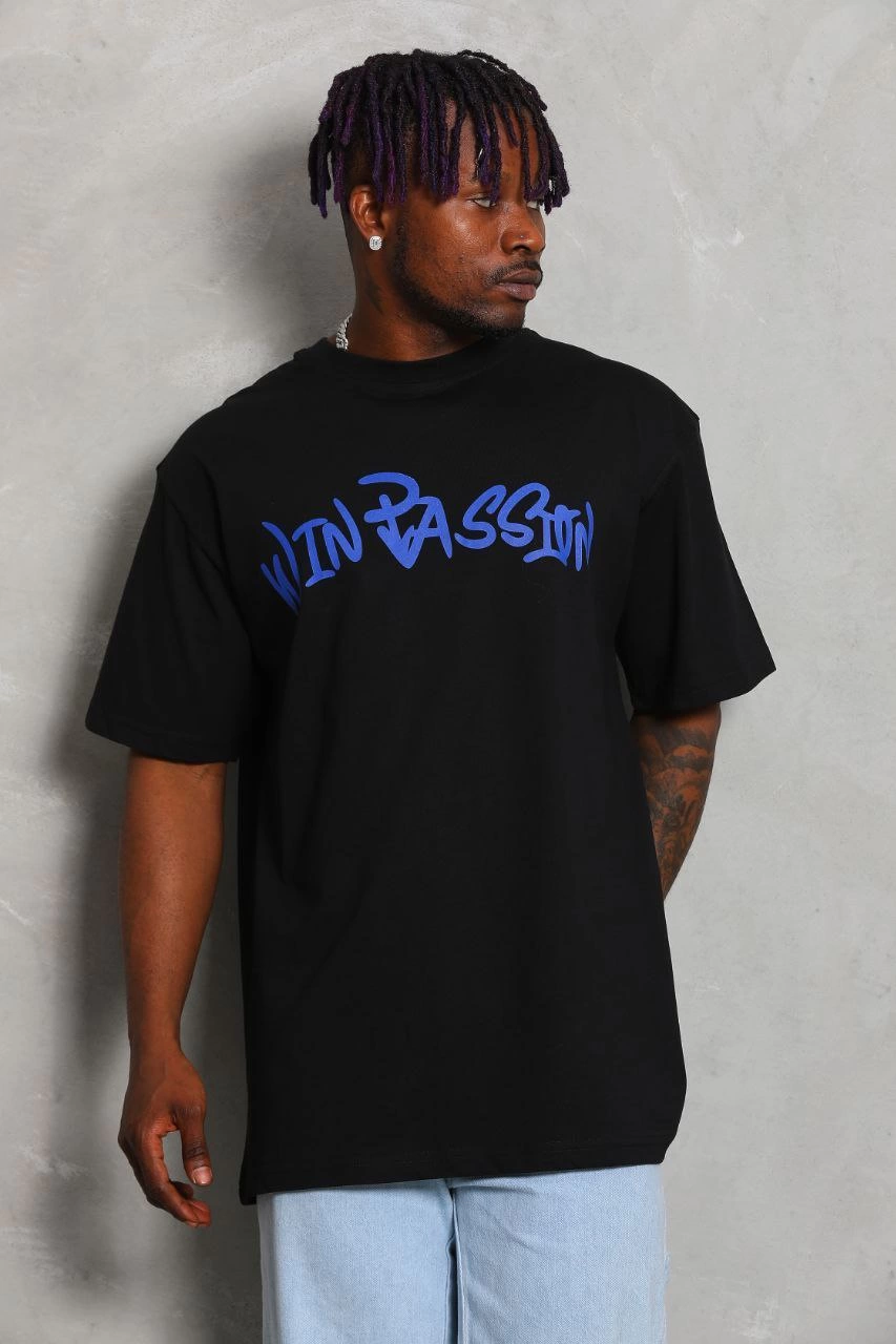 Erkek Baskılı Tişort Kısa Kol Bisiklet Yaka Ovarsize T-Shirt -  Siyah
