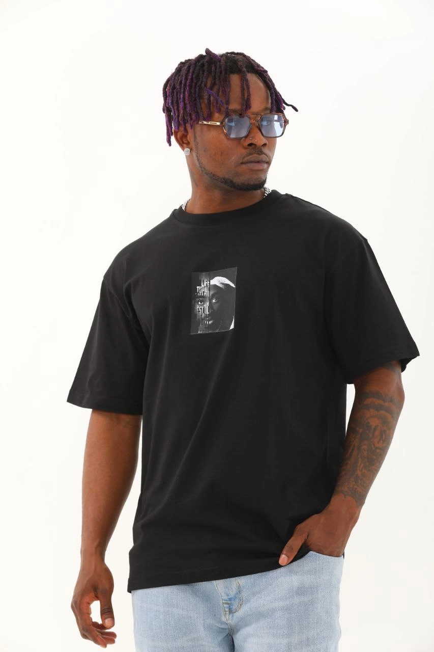 Erkek Kısa Kol Oversize Baskılı Bisiklet Yaka T-Shirt - Siyah