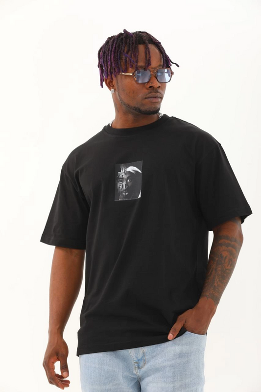 Erkek Kısa Kol Oversize Baskılı Bisiklet Yaka T-Shirt - Siyah