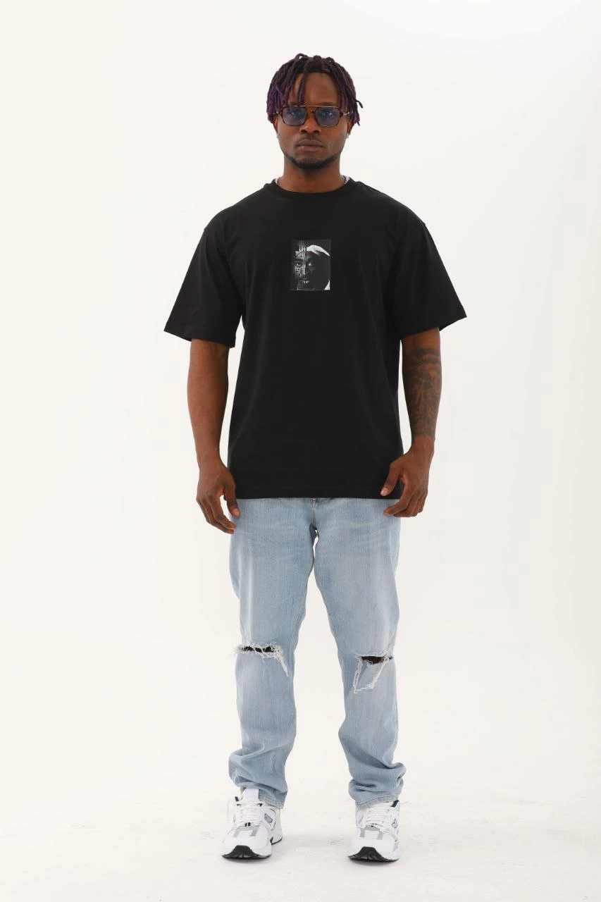 Erkek Kısa Kol Oversize Baskılı Bisiklet Yaka T-Shirt - Siyah