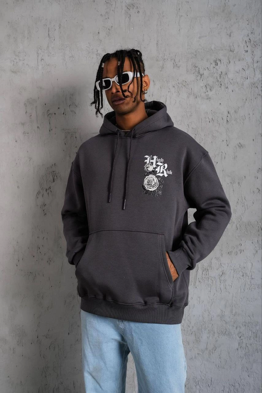 Erkek Baskılı Kapşonlu üç iplik pamuklu Sweatshirt - Füme