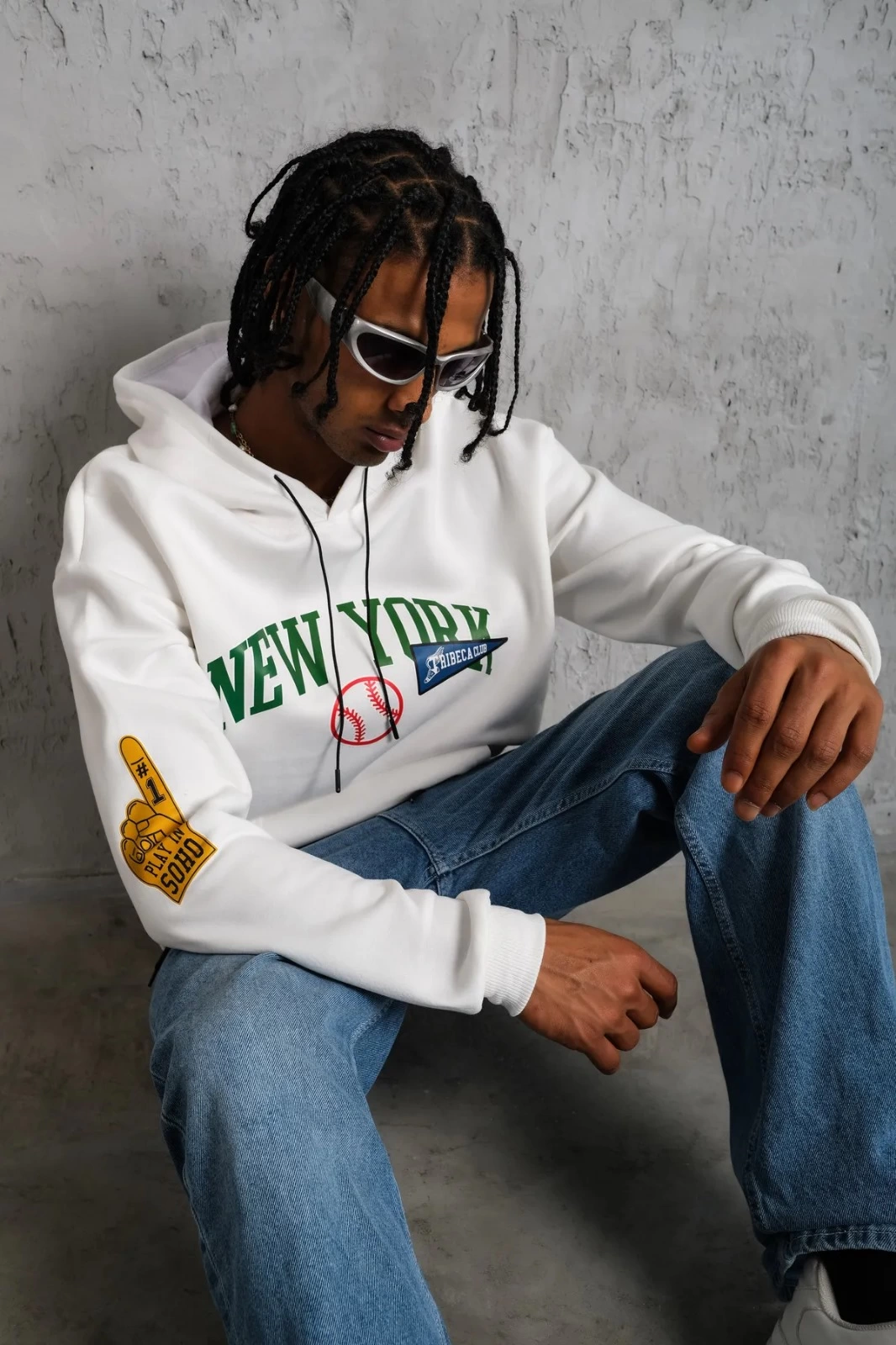 Erkek Baskılı Kapüşonlu  üç iplik pamuklu Sweatshirt - Beyaz