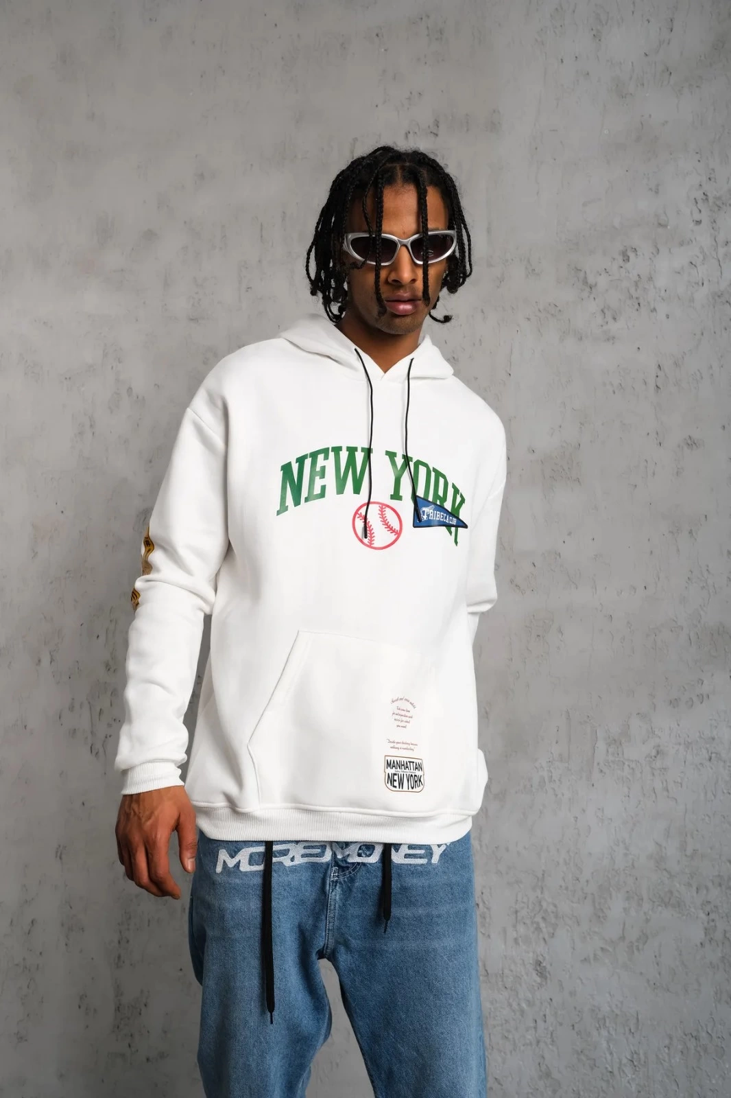Erkek Baskılı Kapüşonlu  üç iplik pamuklu Sweatshirt - Beyaz