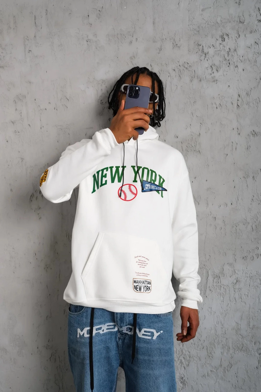 Erkek Baskılı Kapüşonlu  üç iplik pamuklu Sweatshirt - Beyaz