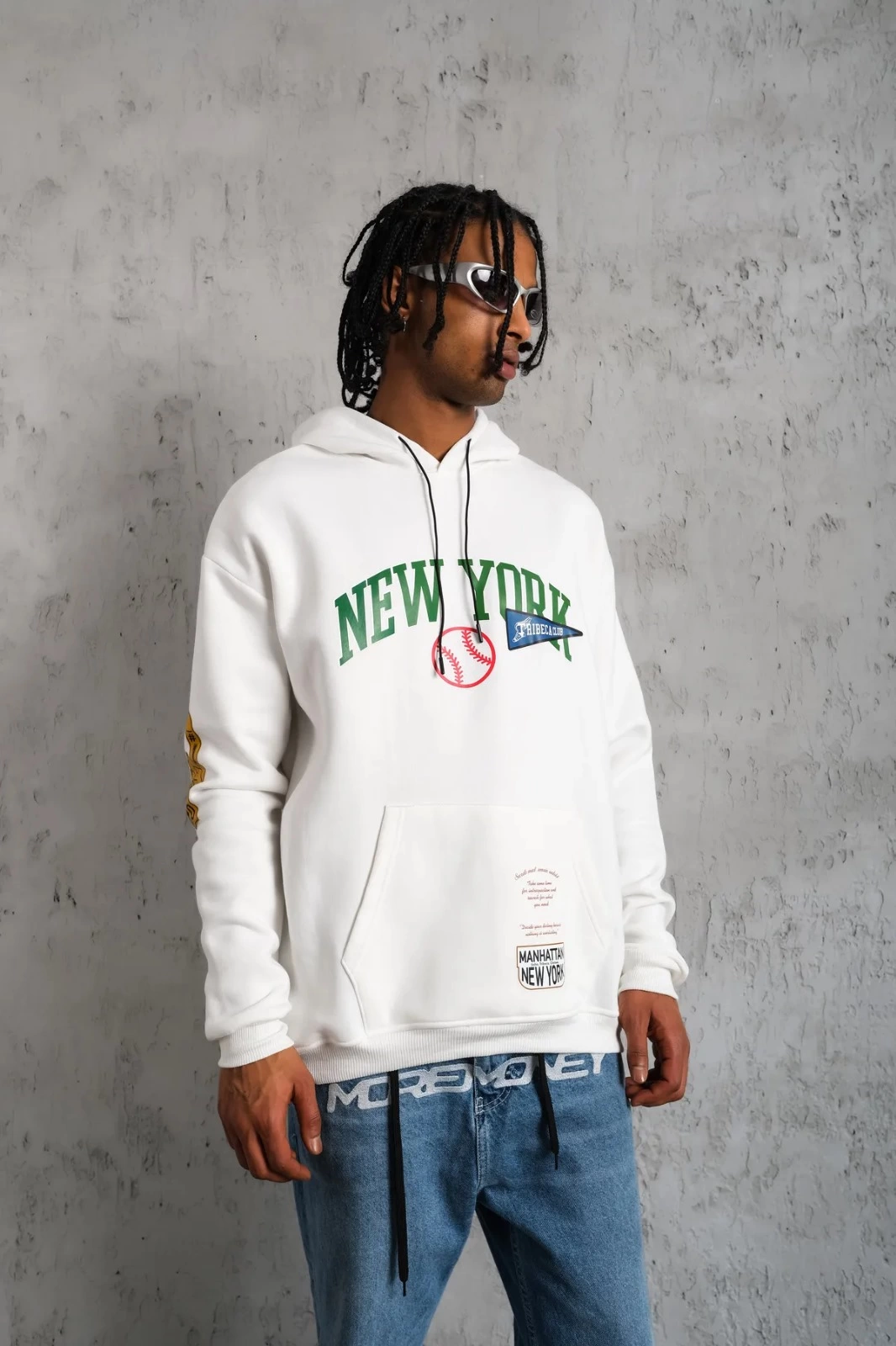 Erkek Baskılı Kapüşonlu  üç iplik pamuklu Sweatshirt - Beyaz