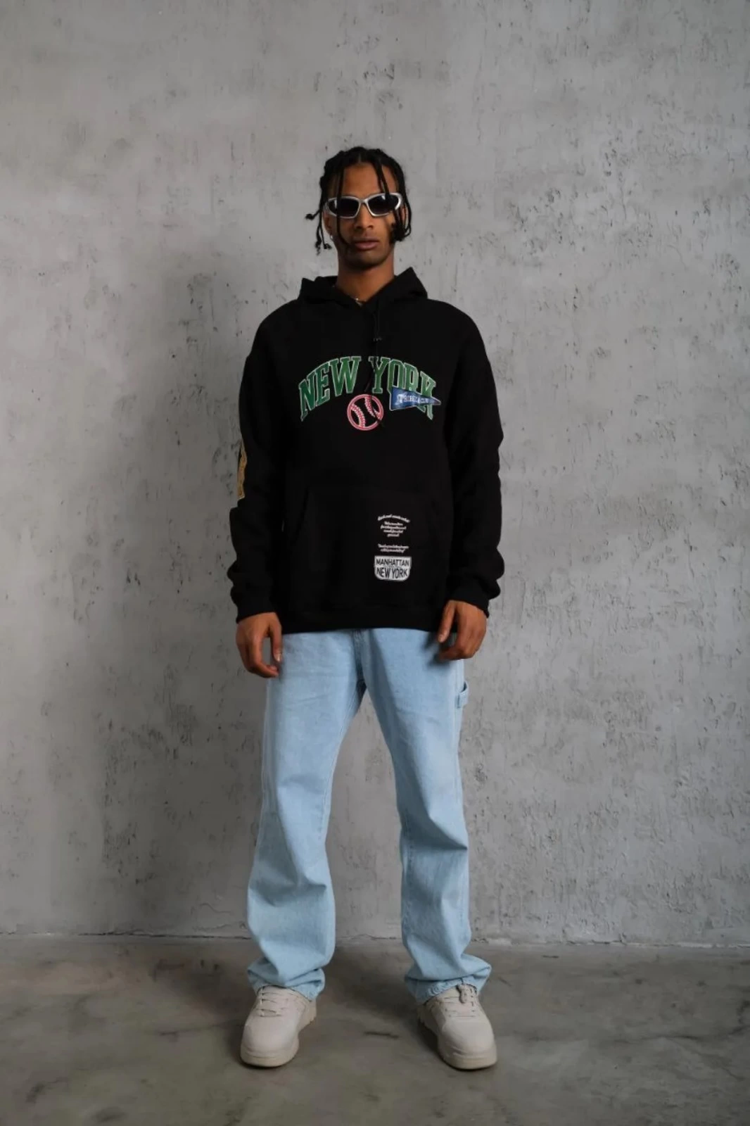 Erkek Baskılı Kapüşonlu  üç iplik pamuklu Sweatshirt - Siyah