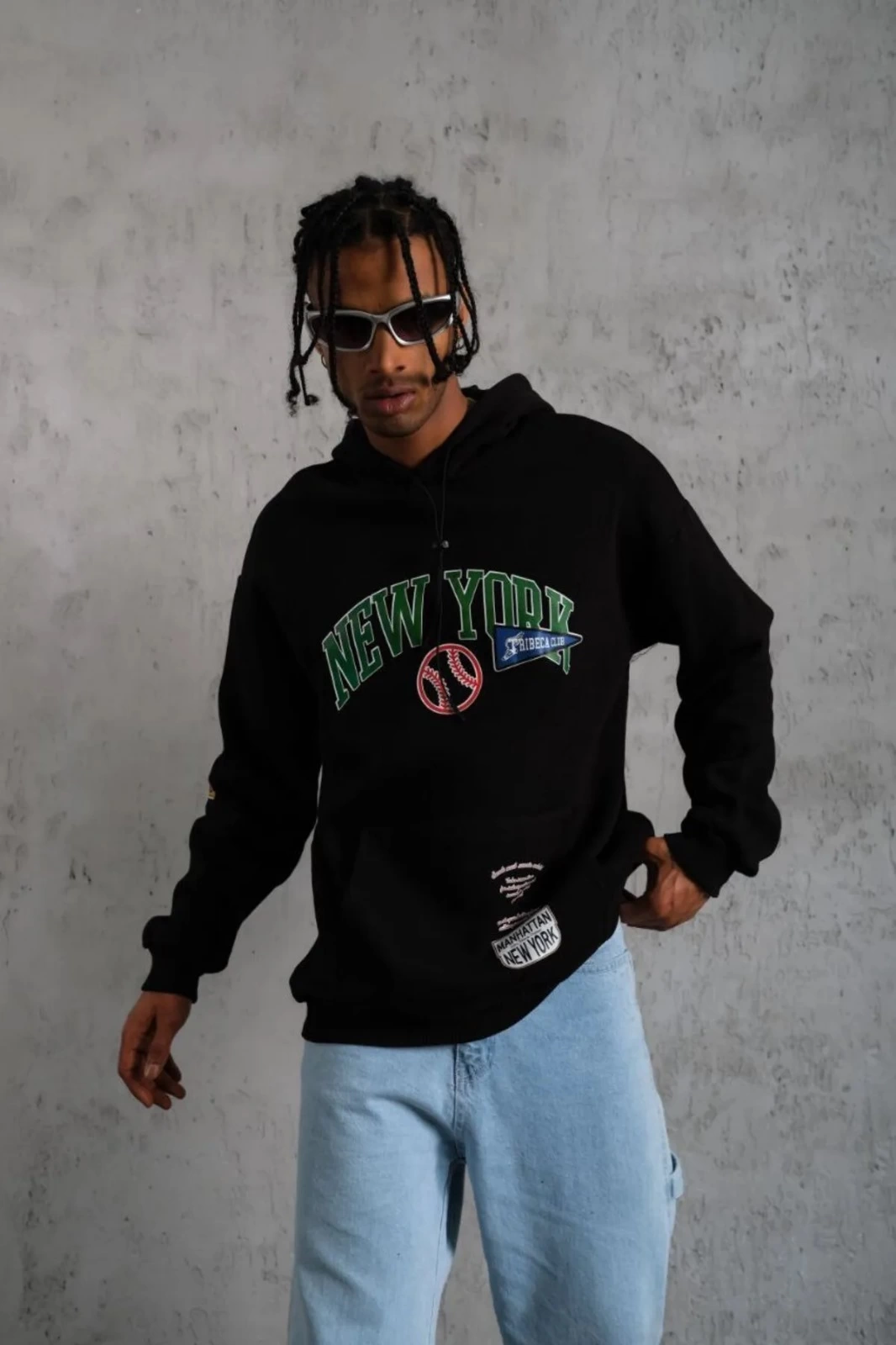 Erkek Baskılı Kapüşonlu  üç iplik pamuklu Sweatshirt - Siyah