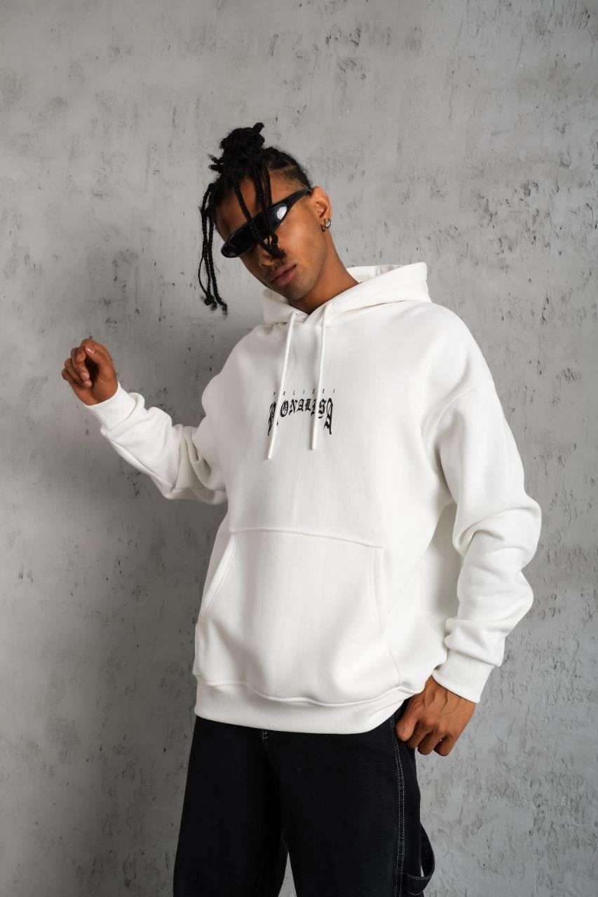 Erkek Baskılı Kapüşonlu ve Kanguru Cepli Sweatshirt hoodie - Beyaz