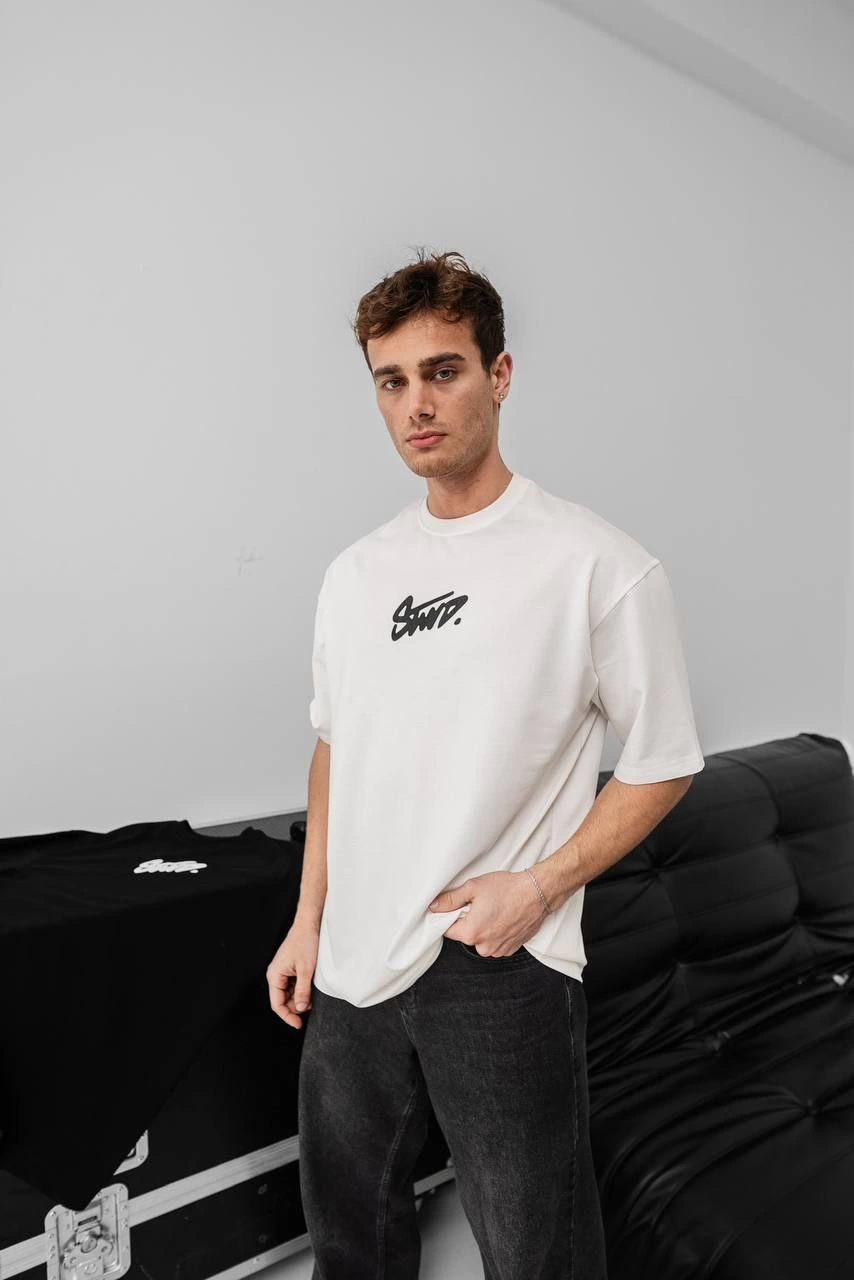 Erkek Baskılı Oversize Kısa kol  - Beyaz