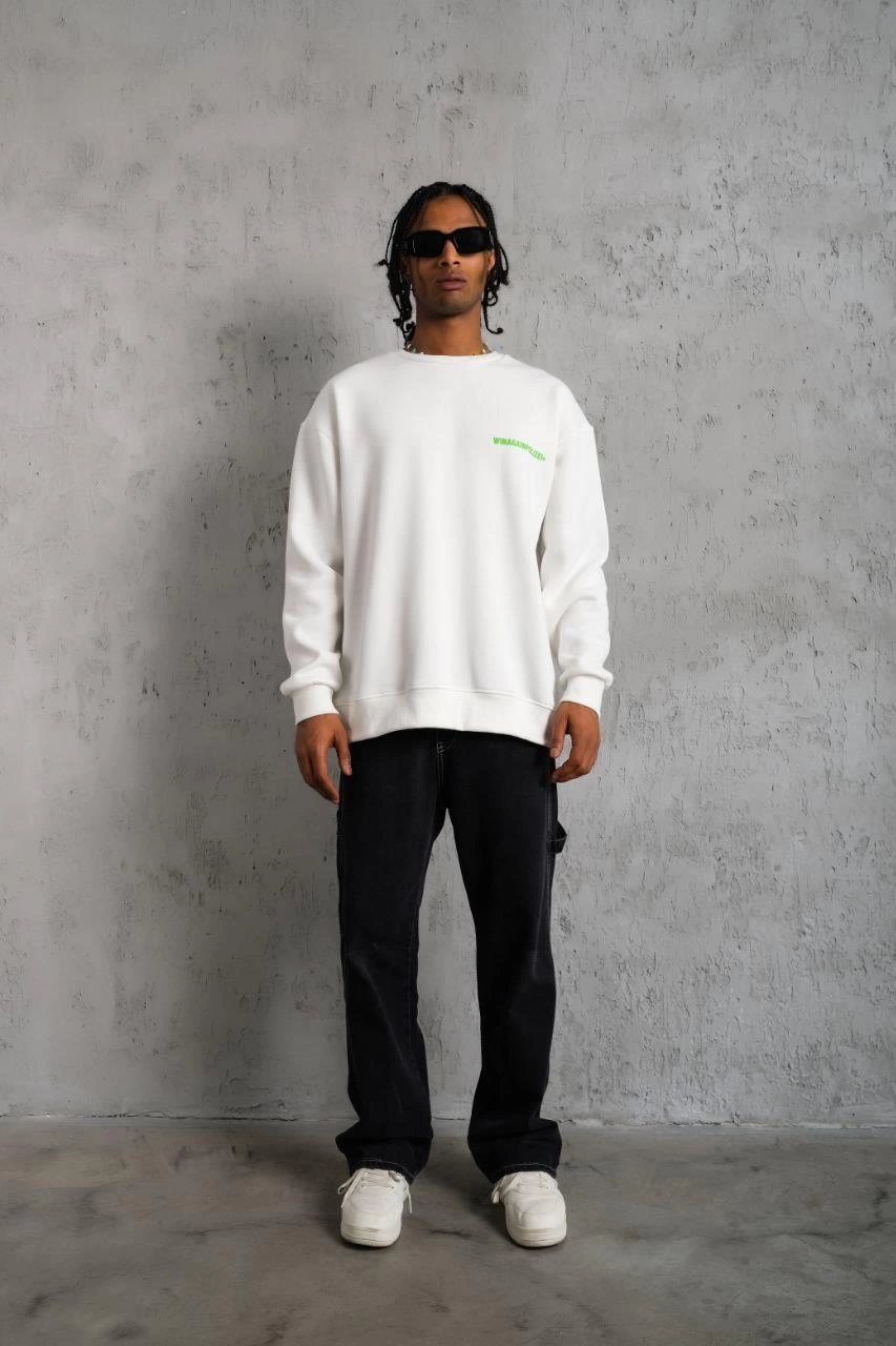 Erkek 3 iplik Bisiklet yaka Baskılı Sweatshirt - Beyaz