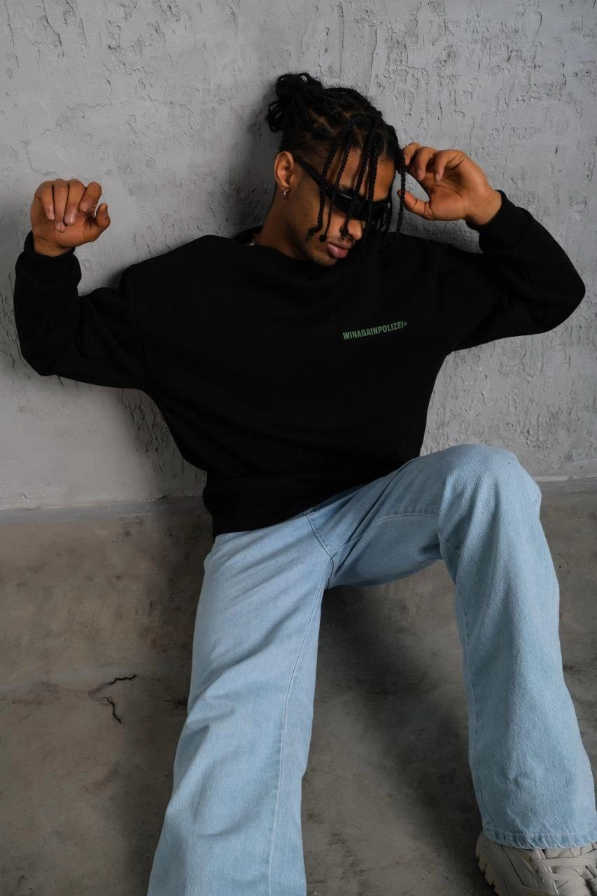 Erkek Oversize Sweatshirt Siyah | Ön ve Sırt Baskılı Üç İplik İçi Pamuklu Kalıp - Siyah