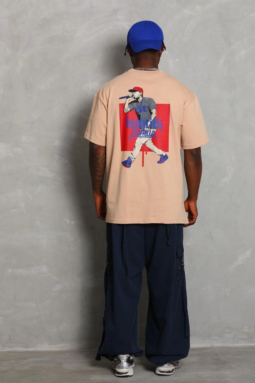 Erkek Baskılı Tişort Kısa Kol Bisiklet Yaka Ovarsize T-Shirt -  Bej