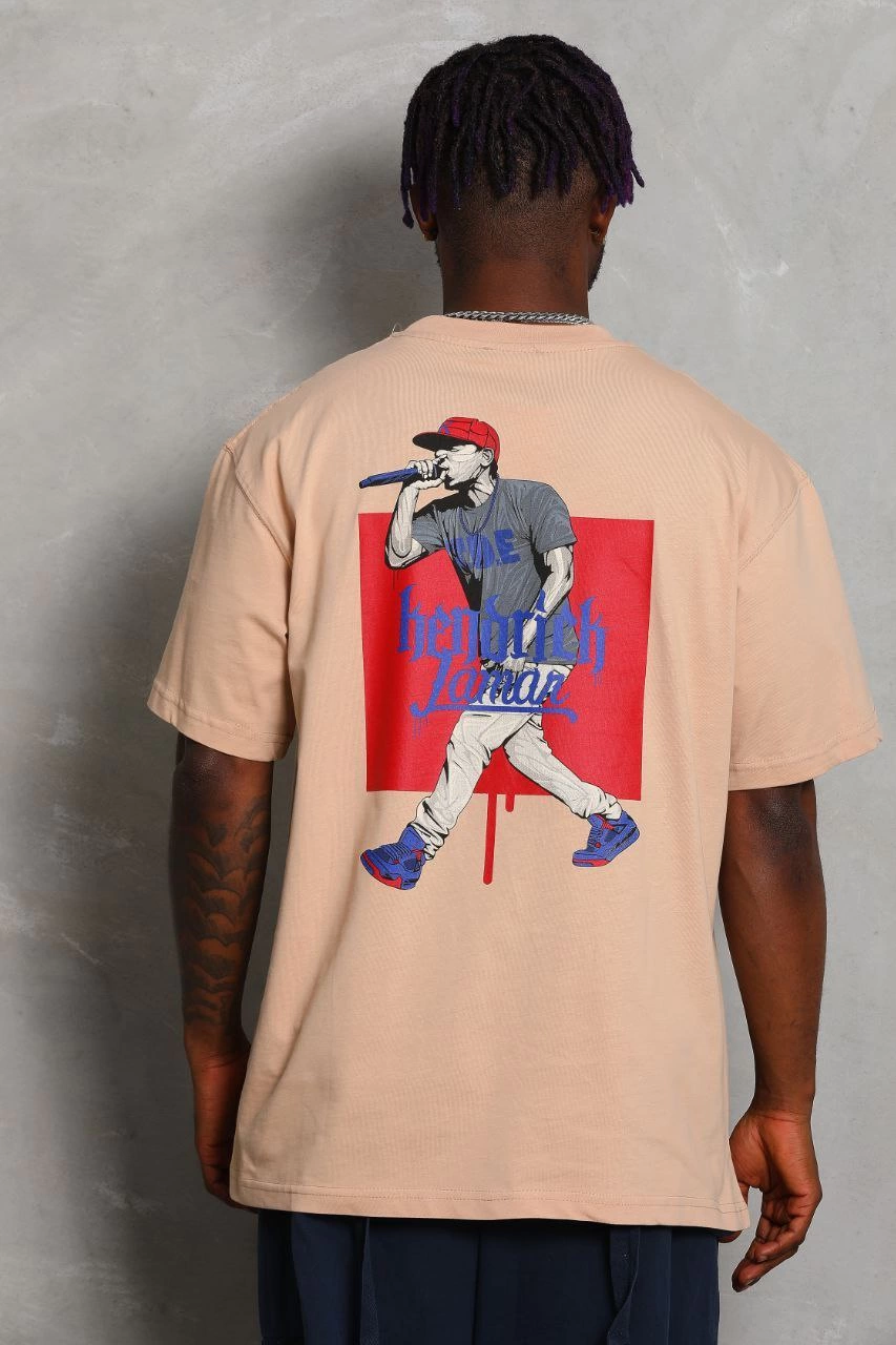 Erkek Baskılı Tişort Kısa Kol Bisiklet Yaka Ovarsize T-Shirt -  Bej