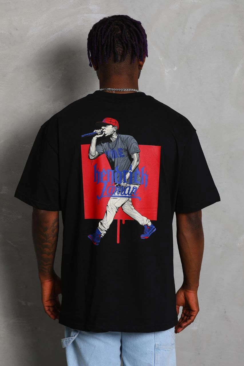 Erkek Baskılı Tişort Kısa Kol Bisiklet Yaka Ovarsize T-Shirt - - Siyah
