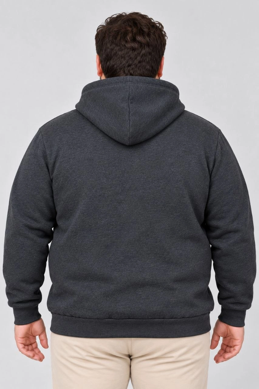 Erkek Battal Büyük Beden Üç İplik İçi Şardonlu Kapüşonlu Kanguru Cepli Kışlık Sweatshirt - Füme