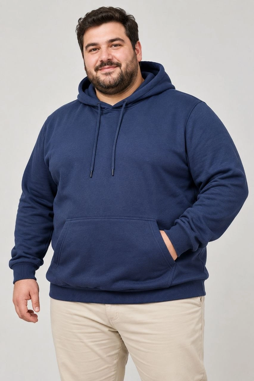 Erkek Battal Büyük Beden Üç İplik İçi Şardonlu Kapüşonlu Kanguru Cepli Kışlık Sweatshirt - Lacivert