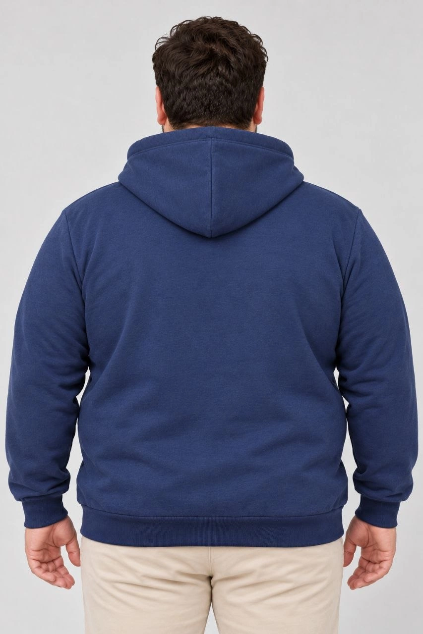 Erkek Battal Büyük Beden Üç İplik İçi Şardonlu Kapüşonlu Kanguru Cepli Kışlık Sweatshirt - Lacivert