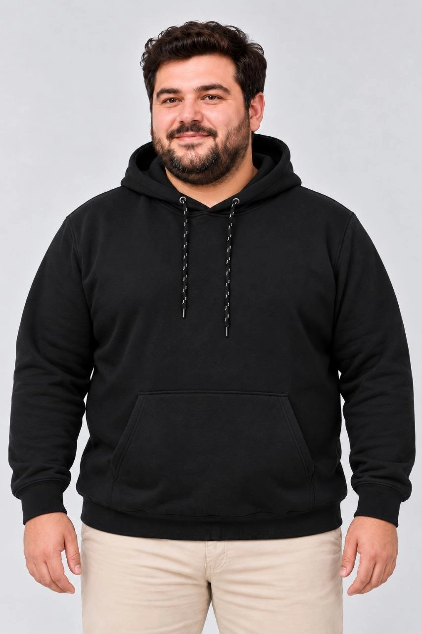 Erkek Battal Büyük Beden Üç İplik İçi Şardonlu Kapüşonlu Kanguru Cepli Kışlık Sweatshirt - Siyah