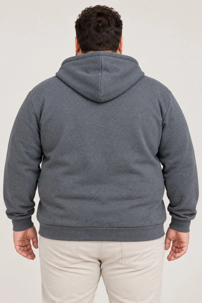 Erkek Battal Büyük Beden Üç İplik İçi Şardonlu Kapüşonlu Tam Fermuarlı Kışlık Sweatshirt - Füme