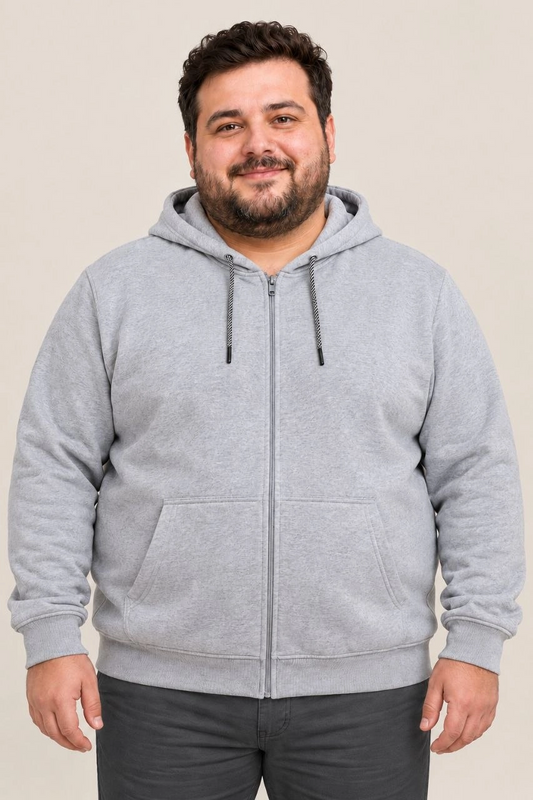 Erkek Battal Büyük Beden Üç İplik İçi Şardonlu Kapüşonlu Tam Fermuarlı Kışlık Sweatshirt - Gri