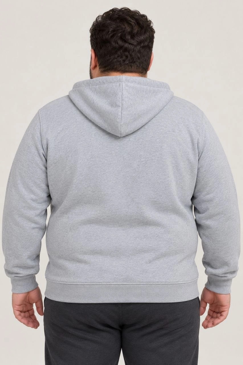 Erkek Battal Büyük Beden Üç İplik İçi Şardonlu Kapüşonlu Tam Fermuarlı Kışlık Sweatshirt - Gri