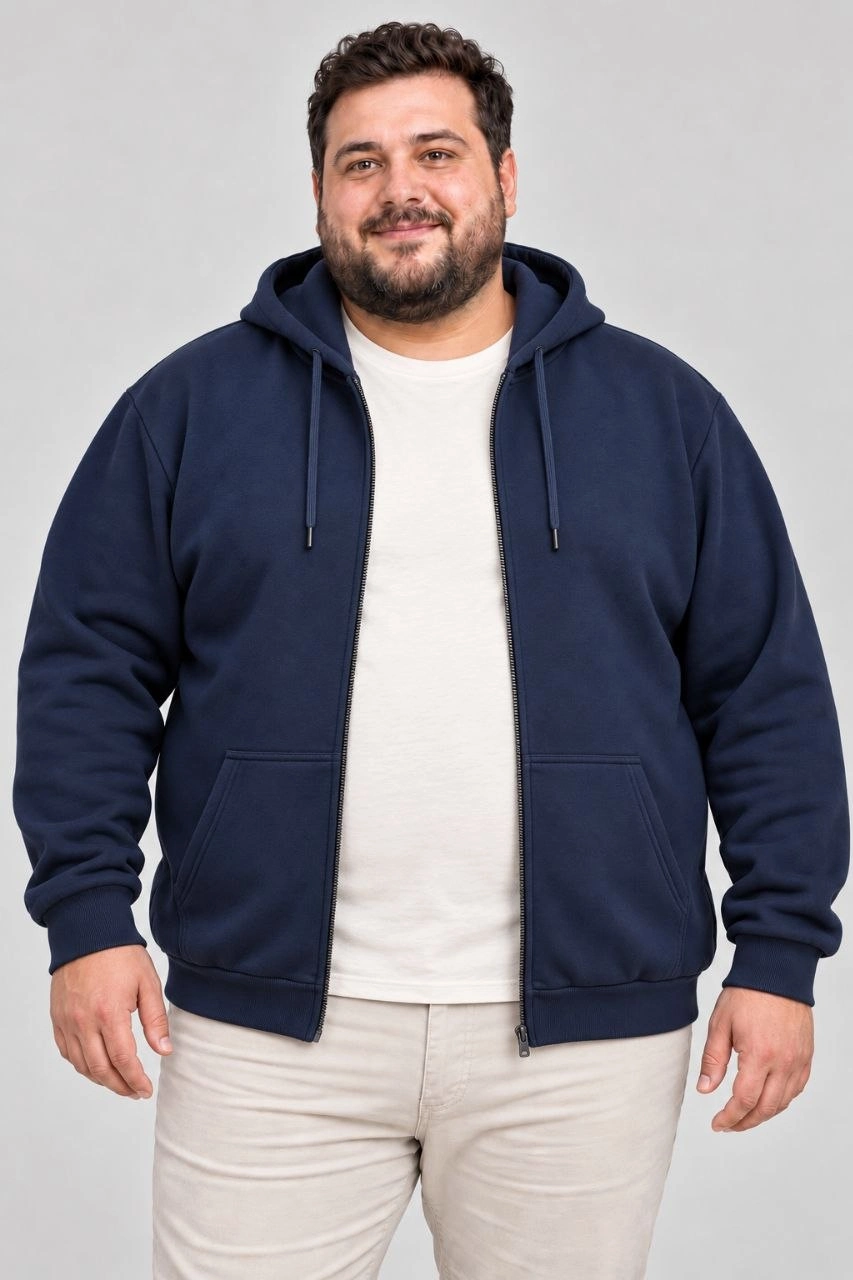 Erkek Battal Büyük Beden Üç İplik İçi Şardonlu Kapüşonlu Tam Fermuarlı Kışlık Sweatshirt - Lacivert