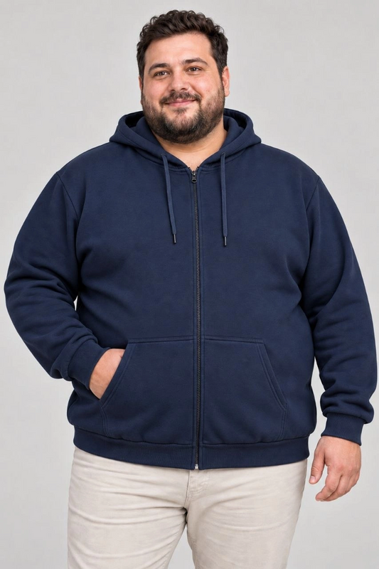 Erkek Battal Büyük Beden Üç İplik İçi Şardonlu Kapüşonlu Tam Fermuarlı Kışlık Sweatshirt - Lacivert