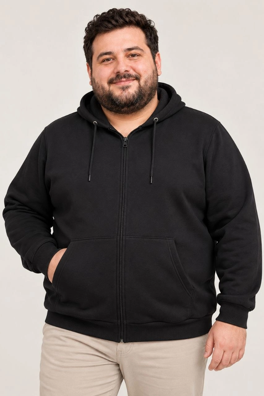 Erkek Battal Büyük Beden Üç İplik İçi Şardonlu Kapüşonlu Tam Fermuarlı Kışlık Sweatshirt - Siyah