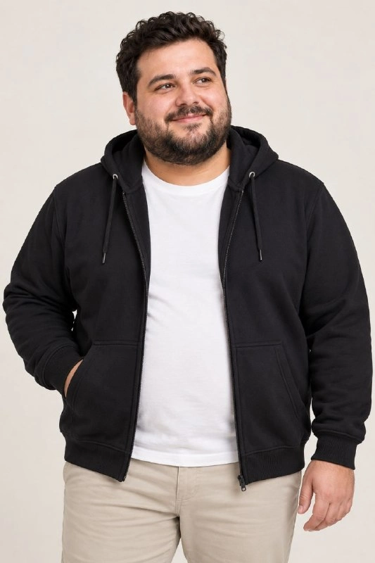 Erkek Battal Büyük Beden Üç İplik İçi Şardonlu Kapüşonlu Tam Fermuarlı Kışlık Sweatshirt - Siyah