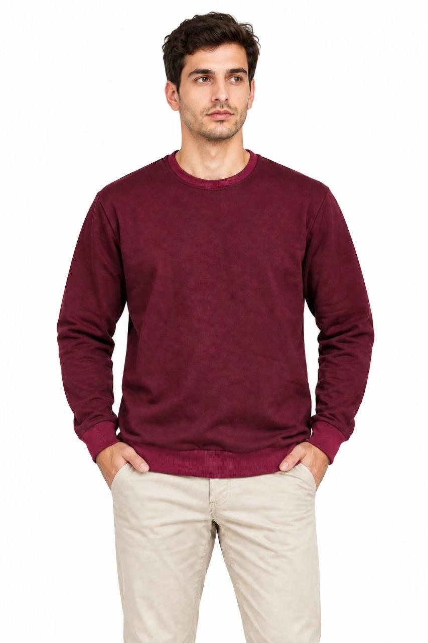 Erkek Bisiklet Yaka İçi Şardonlu 2 İplik Düz Uzun Kollu Regular Fit Sweatshirt -Bordo