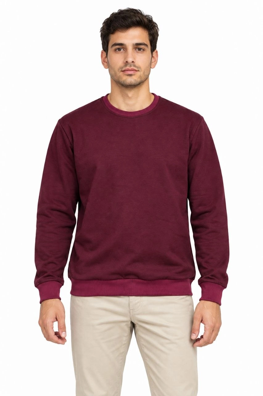Erkek Bisiklet Yaka İçi Şardonlu 2 İplik Düz Uzun Kollu Regular Fit Sweatshirt -Bordo
