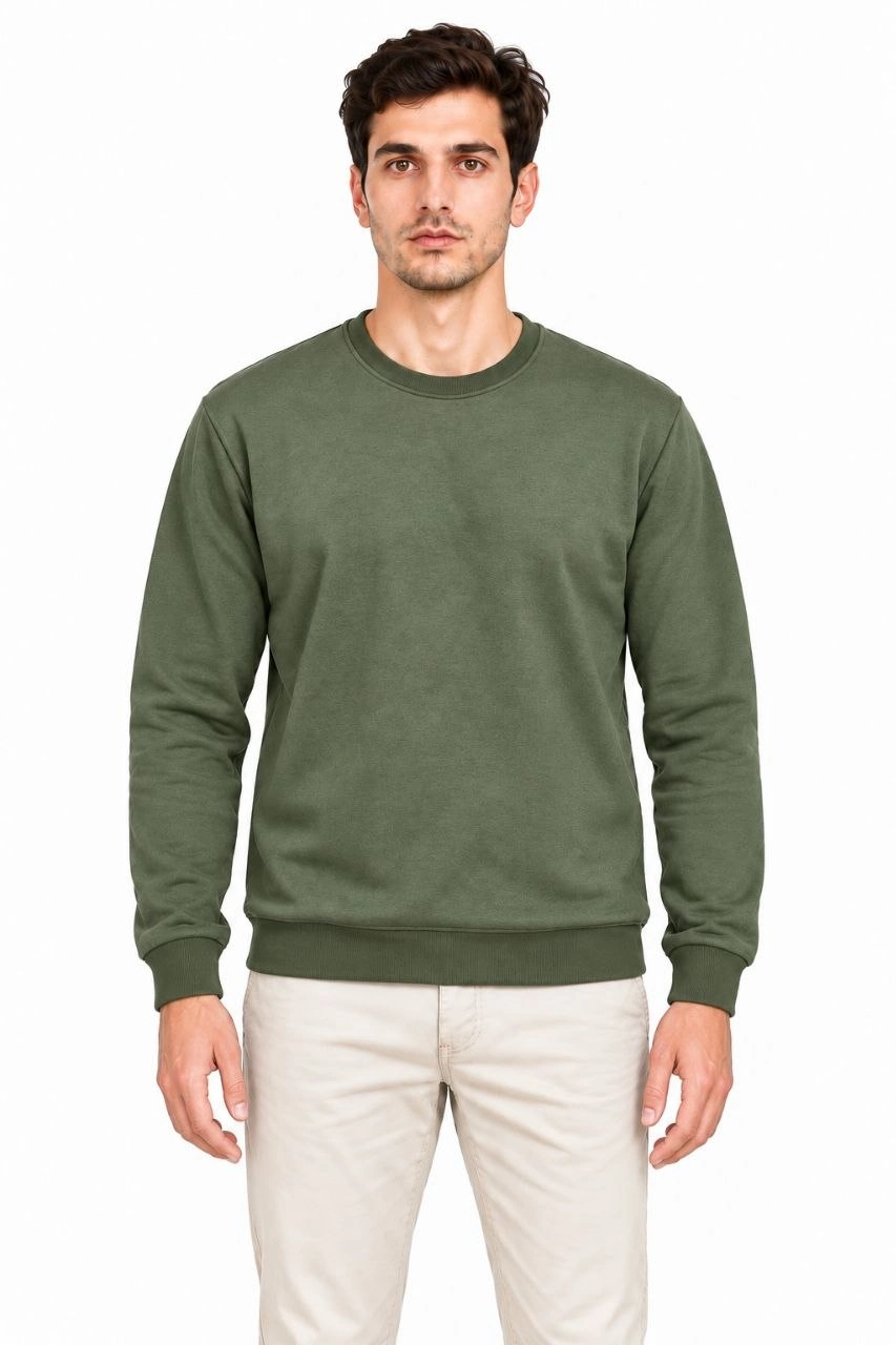 Erkek Bisiklet Yaka İçi Şardonlu 2 İplik Düz Uzun Kollu Regular Fit Sweatshirt -Haki