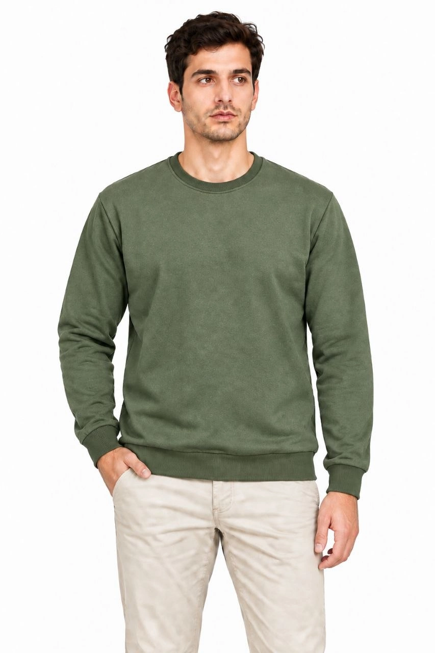 Erkek Bisiklet Yaka İçi Şardonlu 2 İplik Düz Uzun Kollu Regular Fit Sweatshirt -Haki