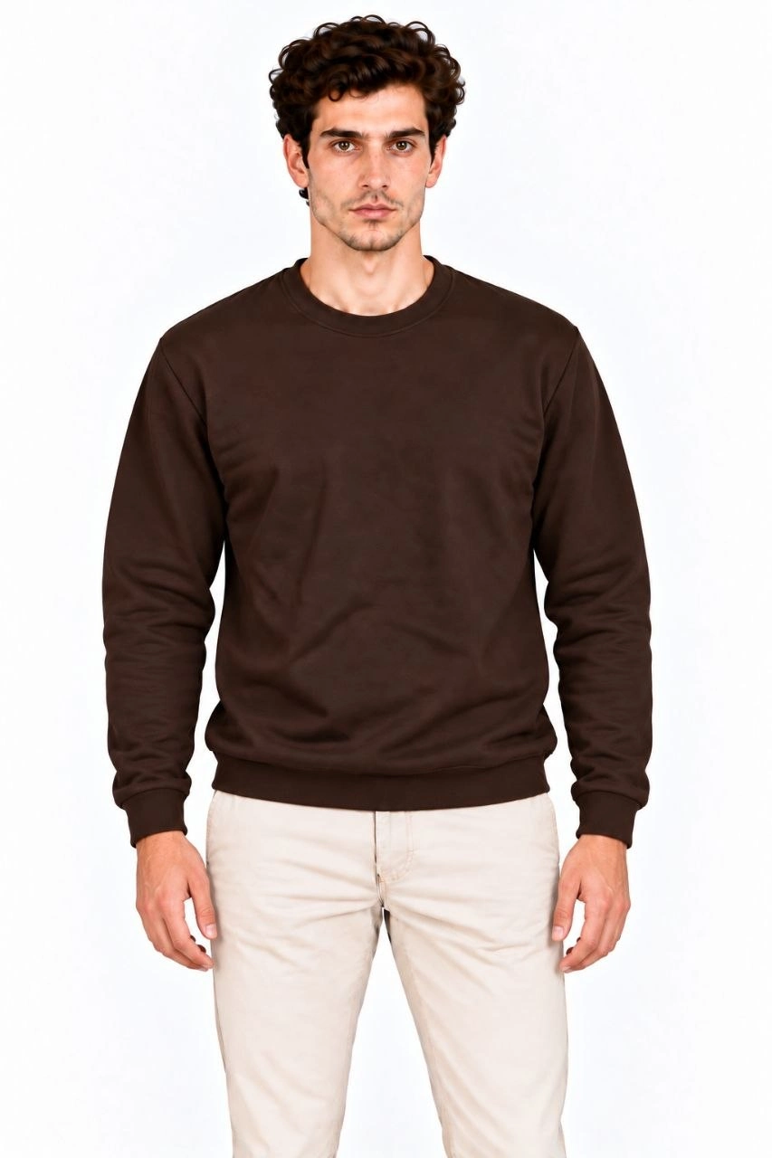 Erkek Bisiklet Yaka İçi Şardonlu 2 İplik Düz Uzun Kollu Regular Fit Sweatshirt - Kahverengi