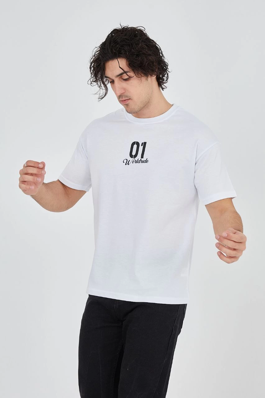 Erkek Baskılı T-Shirt Kısa Kol Bisiklet Yaka Regular Fit Rahat Kalıp Günlük Tişört - Beyaz