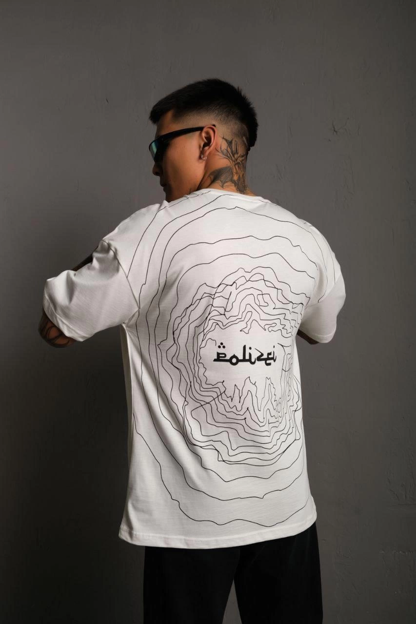 Erkek Bisiklet Yakalı Sırt Baskılı  Kısa kol Oversize T-Shirt - Beyaz