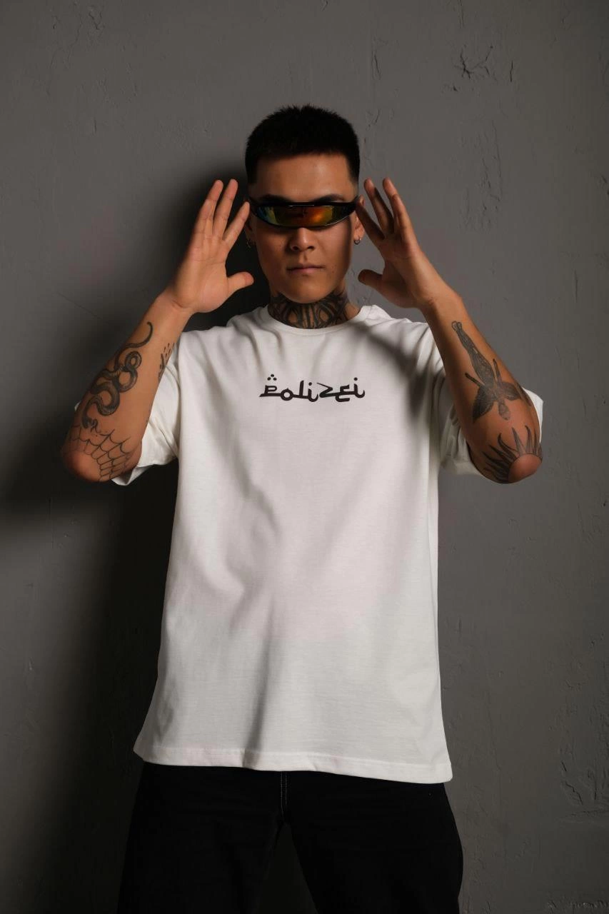 Erkek Bisiklet Yakalı Sırt Baskılı  Kısa kol Oversize T-Shirt - Beyaz