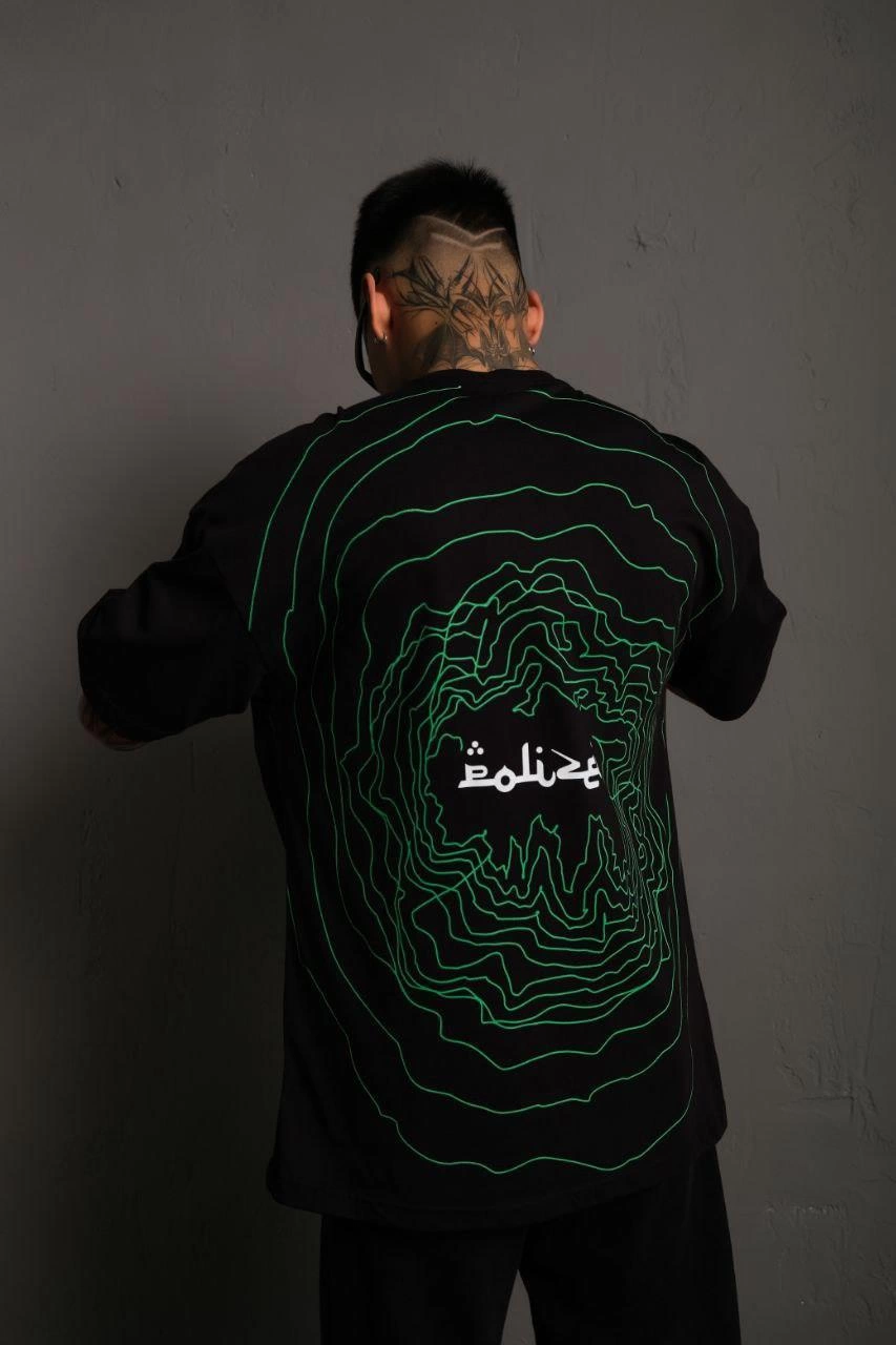 Erkek Bisiklet Yakalı Sırt Baskılı Kısa kol  Oversize T-Shirt - Siyah