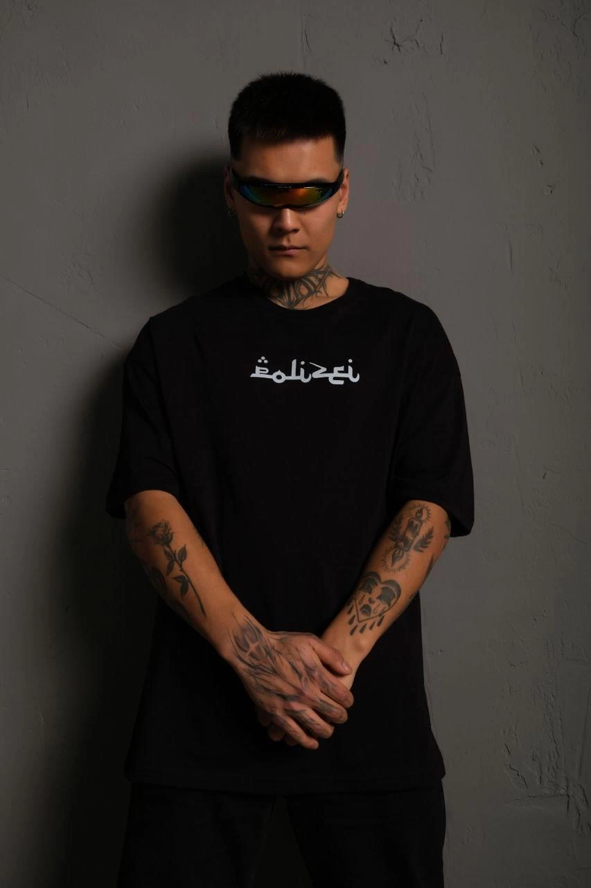 Erkek Bisiklet Yakalı Sırt Baskılı Kısa kol  Oversize T-Shirt - Siyah