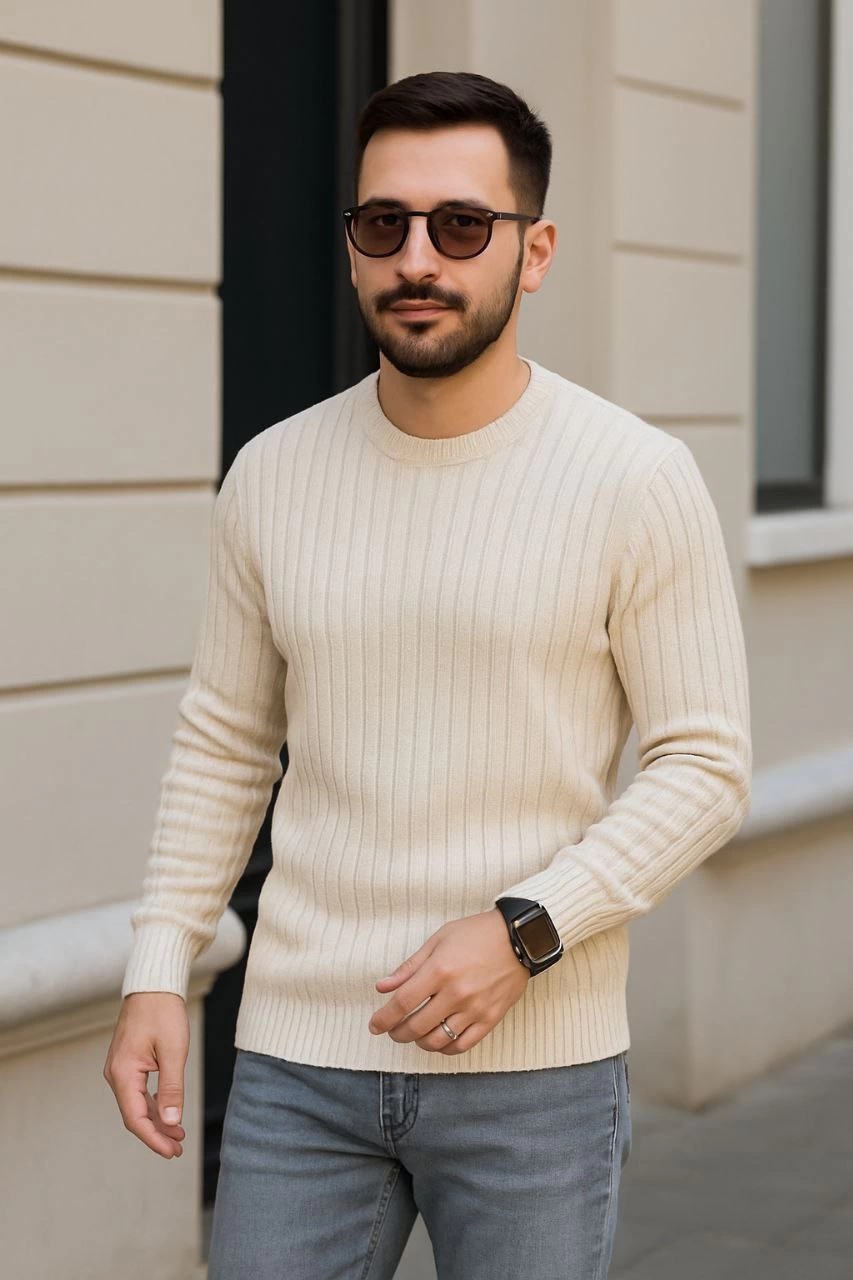 Erkek Bisiklet Yuvarlak Yaka Triko Kazak Pamuklu Kalın Fitilli Dokuma Regular Fit - Bej