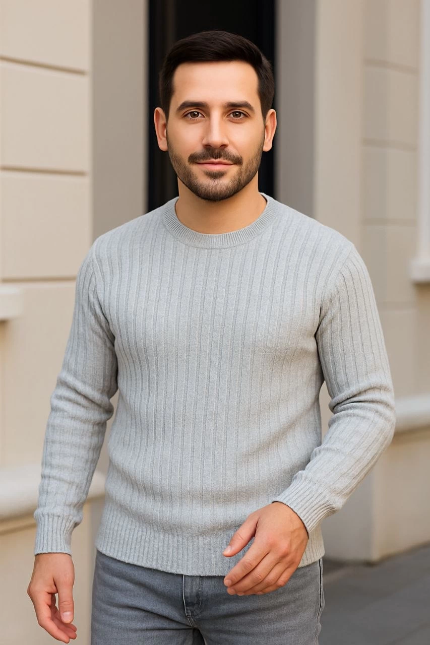 Erkek Bisiklet Yuvarlak Yaka Triko Kazak Pamuklu Kalın Fitilli Dokuma Regular Fit - Gri