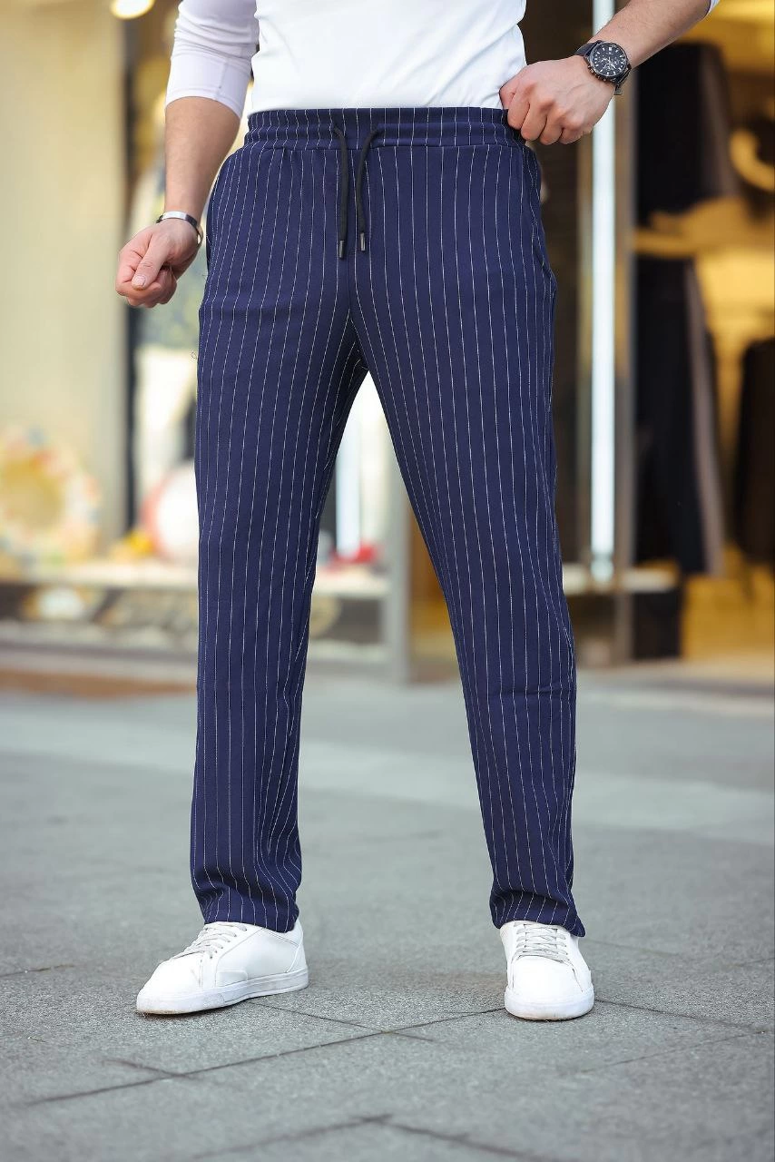 Erkek Cizgili Dokuma Krep Jogger Buggy Pantalon Rahat kalıp - Lacivert