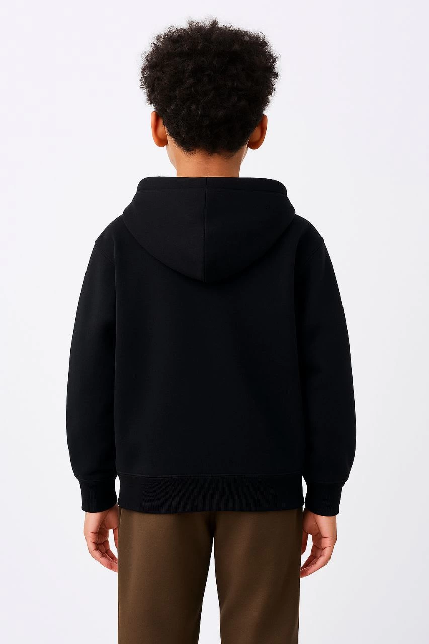 Erkek Çocuk Kapüşonlu Kanguru Çepli Tam Fermuarlı Hırka SweatShirt - Siyah