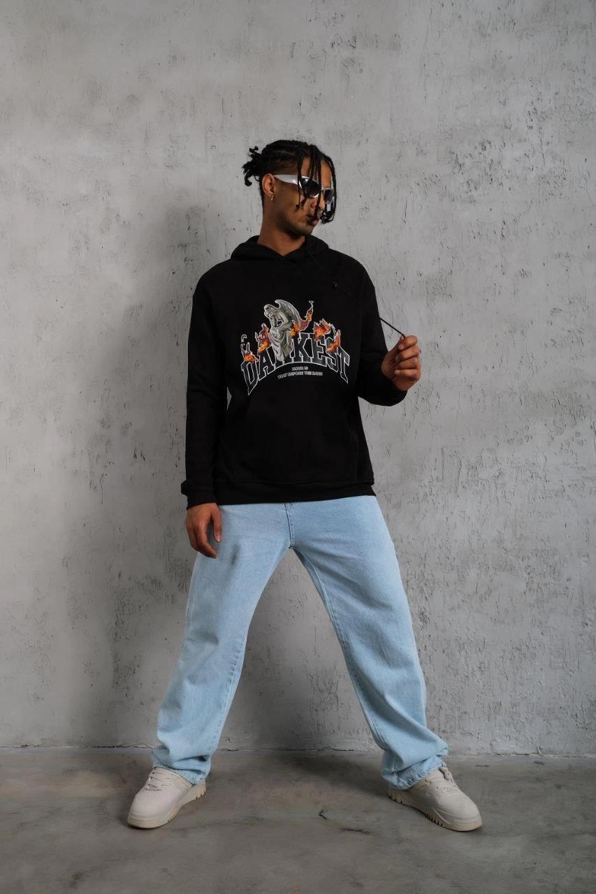 Erkek Oversize Kapüşonlu Sweatshirt Siyah Üç İplik İçi Pamuklu Kanguru Cepli - Siyah