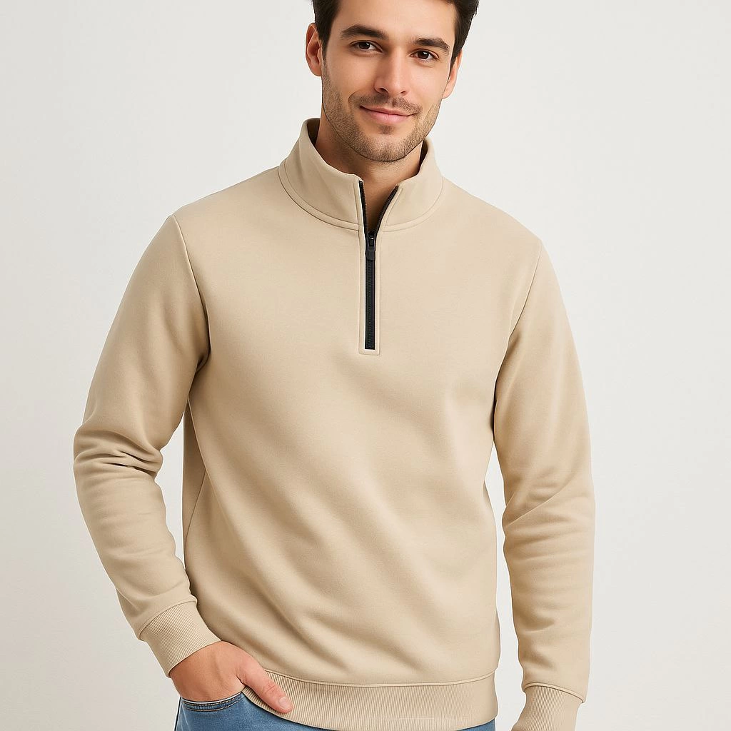Erkek Dik Yaka Sweatshirt Dik Yaka Yarım Fermuarlı 3 İplik Pamuk Kumaş - Bej