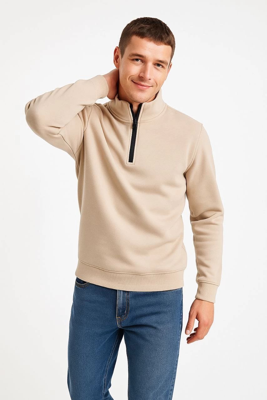 Erkek Dik Yaka Sweatshirt Dik Yaka Yarım Fermuarlı 3 İplik Pamuk Kumaş - Bej