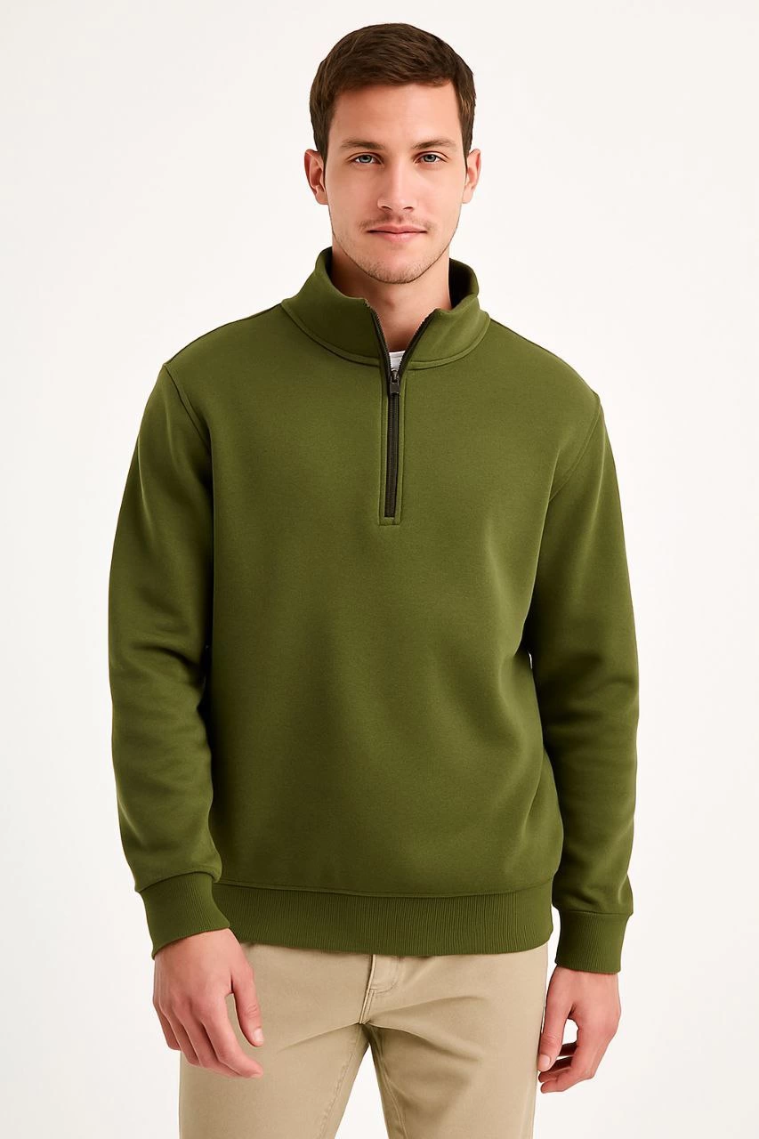 Erkek Dik Yaka Sweatshirt Dik Yaka Yarım Fermuarlı 3 İplik Şardonlu Pamuk Kumaş - Haki