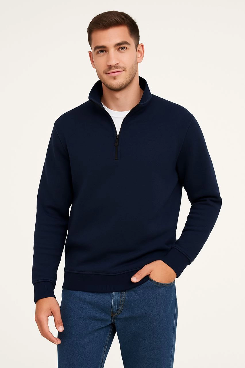 Erkek Dik Yaka Sweatshirt Dik Yaka Yarım Fermuarlı 3 İplik Pamuk Kumaş - Lacivert